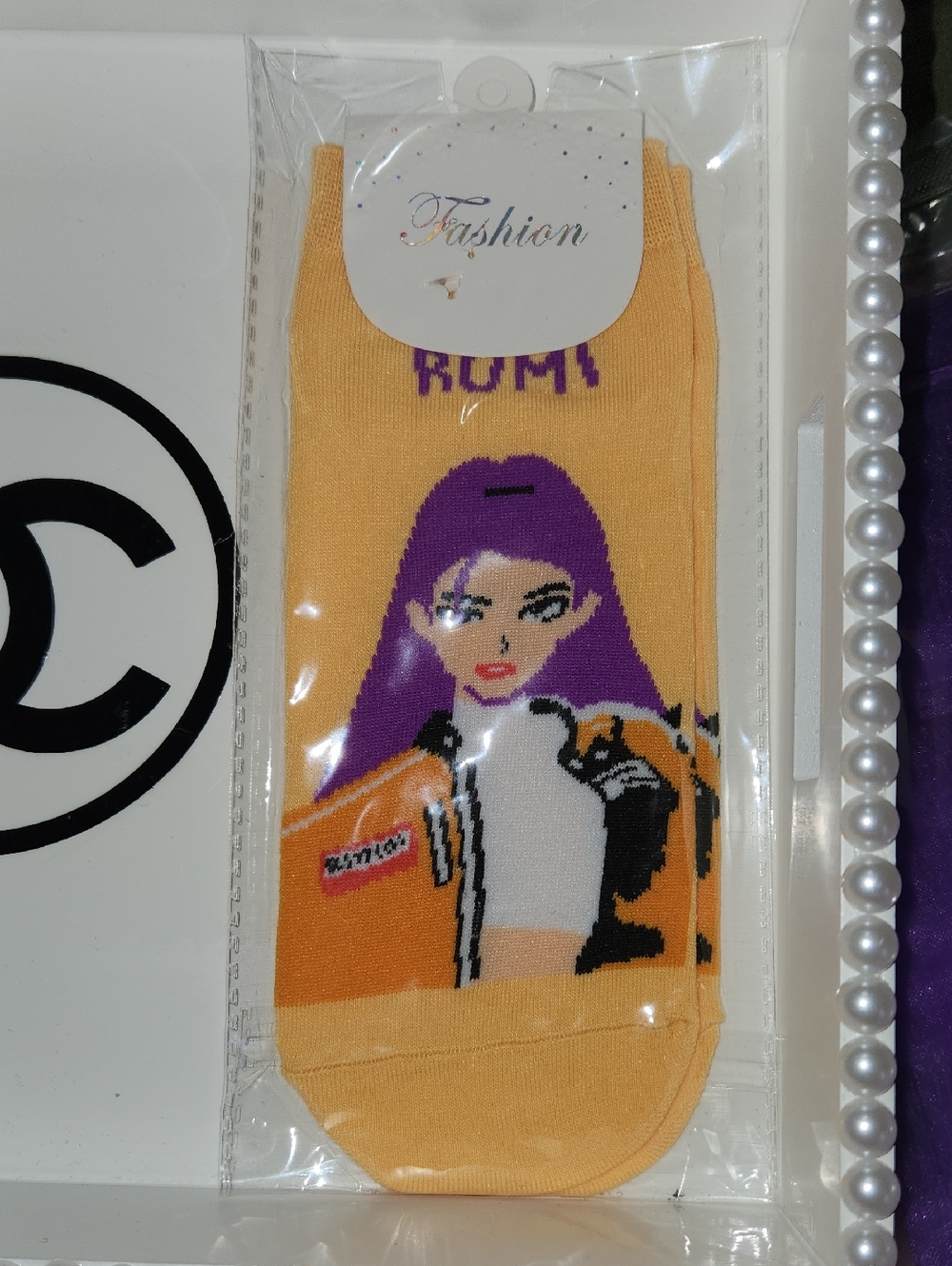 Women's Yellow Graphic Socks with Purple Accent